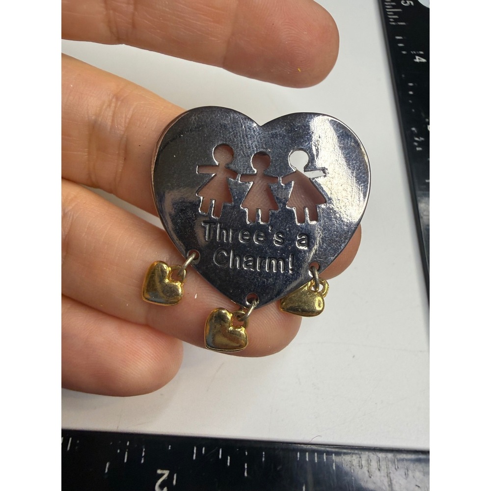 Abbey Press Three's a Charm Heart Brooch Silver Gold Tone Sisters Best Friends